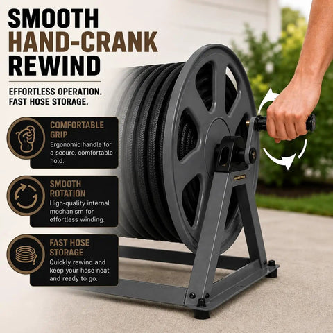 Image showing Beefy Heavy-Duty Garden Hose Reel with 200 ft capacity being cranked by hand, highlighting ergonomic grip and smooth rewind.