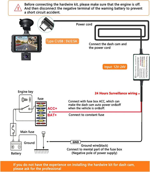 Installation diagram of Go-To Dash Camera Hardwire Kit Type C USB 12V-24V To 5V Power Cord With Low Voltage Protection, 13ft Cable