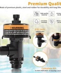 High-flow manual relief valve assembly, front view, black plastic, orange label, 0.61 inch exhaust port, pool filter