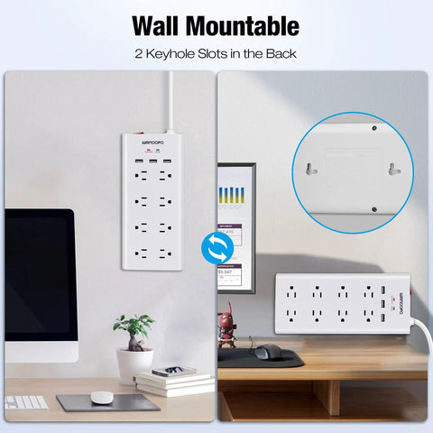 Wall-mounted Long Reach 12 Foot Surge Protector Power Strip With Eight Outlets, 1050J Protection, shown on office wall