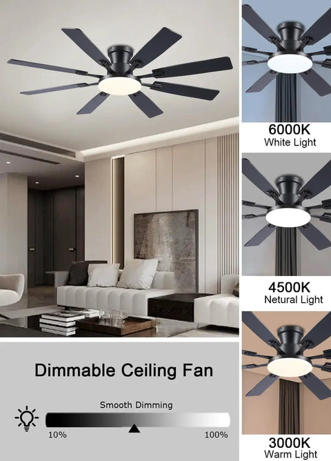 Living room with 60 Inch Ceiling Fan With Lights And Remote Control, Low Profile Flush Mount, Black Finish, dimmable LED options shown