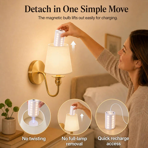 A woman easily detaches a magnetic bulb from the No Fuss Wall Sconces Set Of Two In Shiny Gold with charger access.
