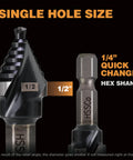 Left: Jerax M35 HSS 1/2-inch step drill bit with 1/2 label; Right: 1/4-inch quick-change hex-shank HSS drill bit