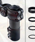 Close-up of carbon fiber headset spacers on bike stem, 12 pcs with 2mm 3mm 5mm 10mm sizes, lightweight and durable.