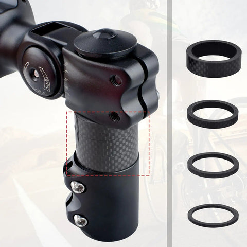 Close-up of carbon fiber headset spacers on bike stem, 12 pcs with 2mm 3mm 5mm 10mm sizes, lightweight and durable.