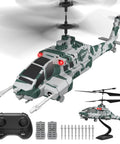 Camouflage RC Helicopter With Military Look, 2.4G 3.5CH, showing accessories including remote and missiles, for 14+ beginners to pros.