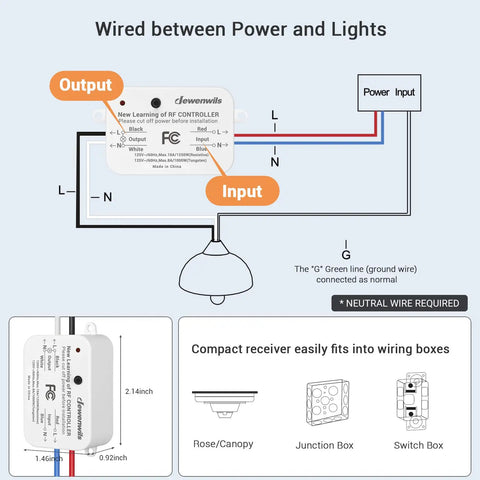 Diagram of Wireless Light Switch And Receiver Kit No Wiring Required showing power input and output connections.