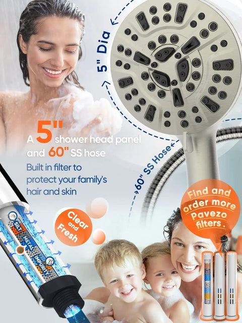 High Pressure Handheld Shower Head 5 Inch Spray Face, 10 Settings, 6 Zone Power, Anti Clog Nozzles, Hard Water Filter, Brushed Nickel