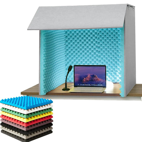 Portable Vocal Recording Booth Made With Ultra Dense Acoustic Foam Desktop Microphone Isolation Shield with computer and mic.