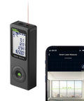 Bluetooth Laser Distance Meter With Real Time Measuring And 165 Foot Range Type C Rechargeable next to app display on smartphone.