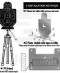 Diagram showing installation methods for Beefy All Metal Airsoft Target with tripod, screws, and tape options.