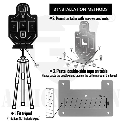 Diagram showing installation methods for Beefy All Metal Airsoft Target with tripod, screws, and tape options.