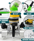Beast Mode Heavy Duty Full Size Router Sled Kit With Dust Collection System showing brush, bit, and acrylic components details.