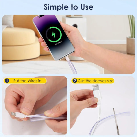 Pet No Chew Cord Protector for Dogs and Cats, Flexible PVC Cable Sleeve shown protecting USB charger, 10ft Length, 2mm Thick
