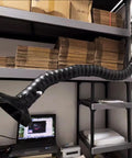 Rock Solid Black Articulated Fume Extraction Arm And Flexible Soldering Vent Hood Kit with 2 meter flex hose over workbench.