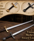 Two 28 Inch Foam Safety LARP Swords With Gold And Silver Colored Handles Non Sharp EVA Design For Safe Pretend Play Stage Battles And Cosplay Kid Friendly Prop Set displayed on a wooden surface