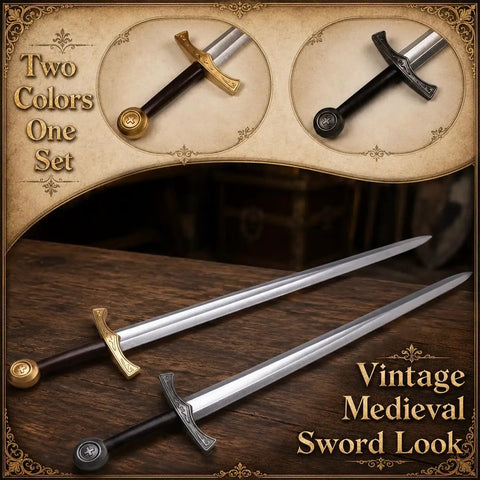Two 28 Inch Foam Safety LARP Swords With Gold And Silver Colored Handles Non Sharp EVA Design For Safe Pretend Play Stage Battles And Cosplay Kid Friendly Prop Set displayed on a wooden surface