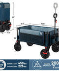 Beast Of A Heavy Duty Collapsible Wagon With Brakes For All Terrain Use, featuring large wheels, side bag, and cup holders, blue.