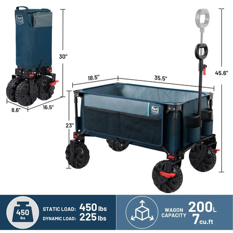 Beast Of A Heavy Duty Collapsible Wagon With Brakes For All Terrain Use, featuring large wheels, side bag, and cup holders, blue.