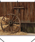 Cowboy Backdrop 7x5 Ft Vintage Western Barn Door Scene For Photoshoots And Parties with wooden wheel and straw