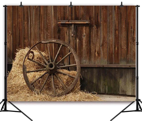 Cowboy Backdrop 7x5 Ft Vintage Western Barn Door Scene For Photoshoots And Parties with wooden wheel and straw