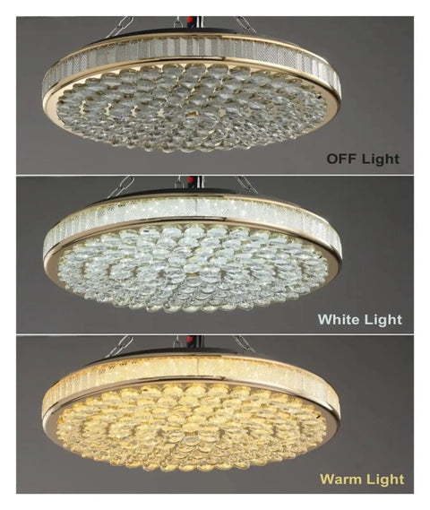 Round Mounted Crystal LED Ceiling Chandelier Light For Living Room Bedroom Study Hallway Sleek Modern Indoor Lighting Fixture With Lit Glow And Easy Mounting, featuring off, white, and warm light settings.