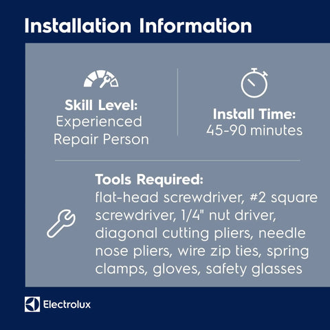 Installation information for Door Boot Seal Bellows Kit For Front Load Washing Machines with time and tool requirements.