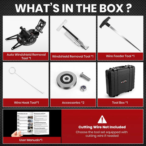 Windshield Removal Tool Kit With Dual Cutting Locking Function For Cars, Trucks And SUVs includes various tools and toolbox.