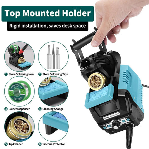 Pro Grade 110W Digital Soldering Station Kit With LCD Display And Sleep Mode, Four Memory Channels, Digital Calibration, Helping Hands, Magnifier, Solder Wire, And Three Replacement Tips