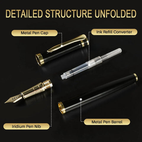 Premium Black Finish Fountain Pen With Fine Nib, Smooth Ink Flow, Full Starter Set Including Cartridges, Converter And Sleeve