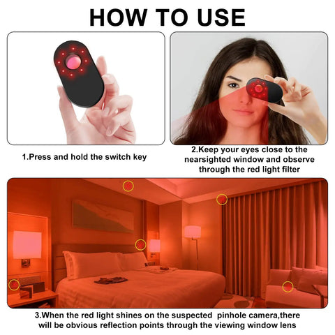 Person using Camera Detector With Led Infrared Scanning Technology For Hidden Cameras Anti Sneak Photo And Monitoring For Hotel Bathrooms