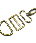 Top Shelf Swivel Snap Hooks Paired With D Rings And Easy Gliding Tri Glide Slides In Solid Antique Bronze Casting measuring 1.5 inches wide.