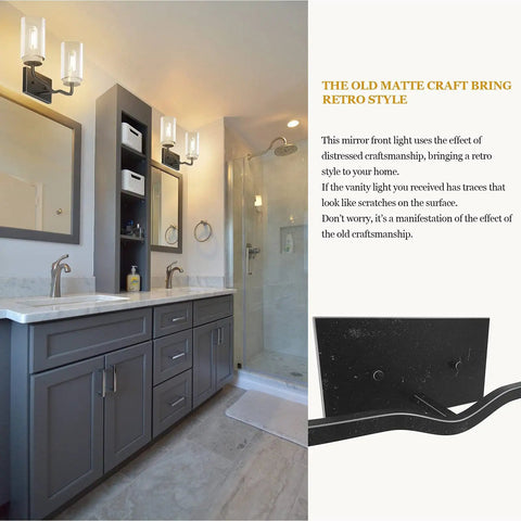 Lit Modern Bathroom Vanity Light Fixture In Matte Black, 3 Light Wall Lamp With Clear Glass Shades in a bathroom setting