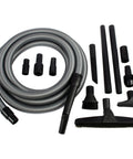 Upright and Canister Vacuum Extension Hose and Attachment Kit with silver hose, black tools, and adaptor pieces on white background.