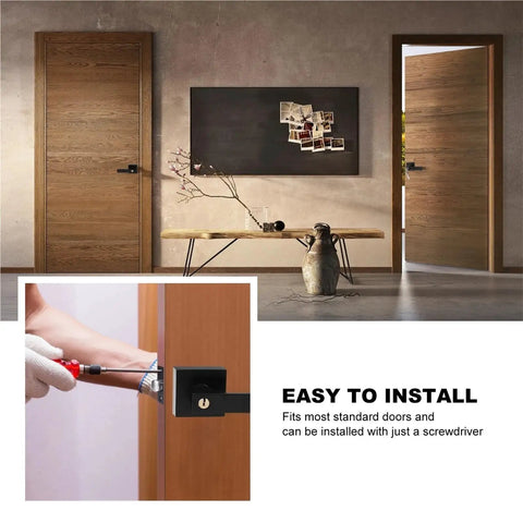 15 Piece Matte Black Door Lever Handleset With Heavy Duty Reversible Hardware And Square Plate installation