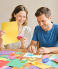 Couple using Three Piece Craft Hole Punches Set with colorful heart, round, and star shapes for DIY crafts and scrapbooking.