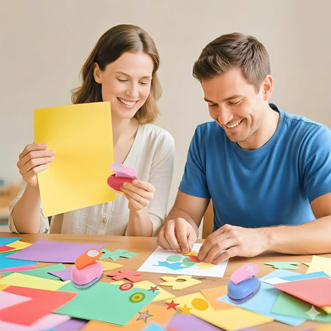 Couple using Three Piece Craft Hole Punches Set with colorful heart, round, and star shapes for DIY crafts and scrapbooking.