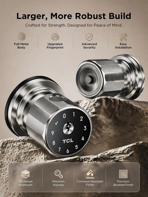 Big Time Smart Door Knobs Deliver Lightning Fast 0.3 Second Fingerprint Login And App Controlled Keyless Entry Automated Deadbolt Lock with brushed finish.