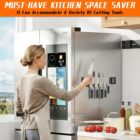 Woman placing knife on Double Sided Heavy Duty Magnetic Tool Holder 12 Inch Rust Resistant Magnetic Bar in kitchen