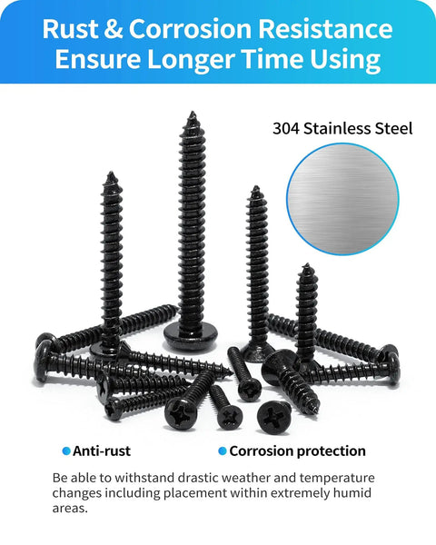 Stainless Steel Self Tapping Wood Screws Kit 560 Piece Assortment With Flat Head And Round Head M3 M4 M5 M6 Phillips Drive Zinc Plated Black Finish DIY Friendly shown with corrosion-resistant features.