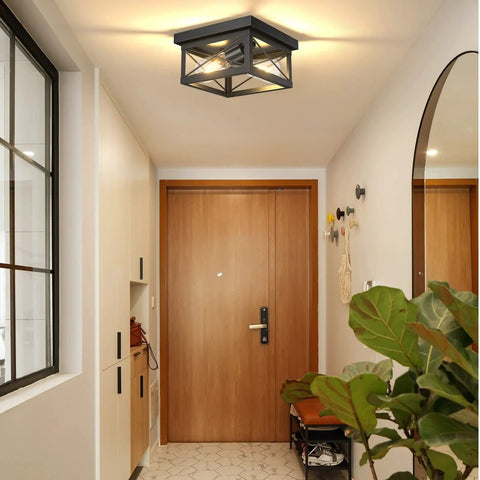 2 Light Flush Mount Square Industrial Black Ceiling Light Fixture With Vintage Farmhouse Vibe For Hallway UL Listed