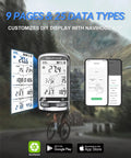 Ultra Thin GPS Bike Computer With 2.3 Inch Laminated Screen Wireless IPX7 Waterproof Bluetooth ANT Plus Cycling Computer Lightweight 45g Entry Level Gear That Outsmarts Your Old Speedometer Dope Cycling Tech displaying ride data and app customization options on a scenic background.