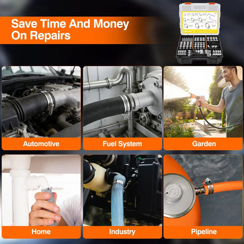 217 Piece Stainless Steel Hose Clamp Kit Heavy Duty Must Have All In One with versatile uses shown in automotive and garden settings.