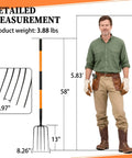 Man standing with 58-inch 5 Tine Pitchfork For Gardening Heavy Duty With Fiberglass Handle next to detailed dimensions chart