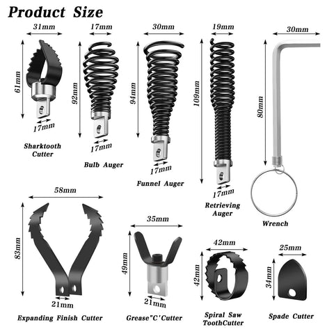 Detailed view of Tough As Nails Nine Piece Drain Auger Drill Attachment Kit For 5/16 To 3/4 Inch Cable with various cutter sizes.
