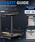 Top Tier Double Slide Out Under Sink Organizers Two Pack Black Steel Pull Out Shelves With Splash Resistant Mat size and fit guide