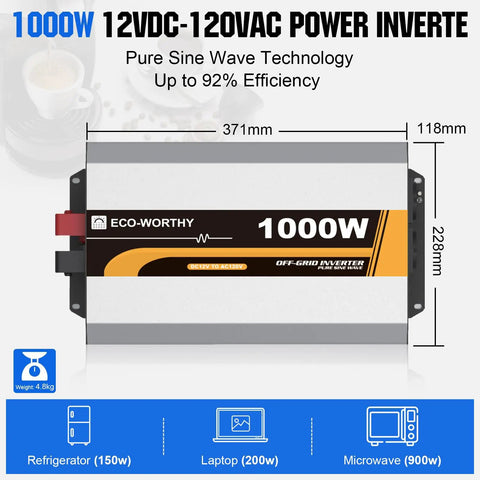 1000W Off-Grid Inverter with Pure Sine Wave Technology for Solar Power Kit dimensions and usage details.