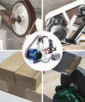 Heavy Duty 1500 Watt Belt Grinder Shop Beast With Two Eighty Two Inch Sanding Belts, showcasing multiple angles for polishing and knife making.