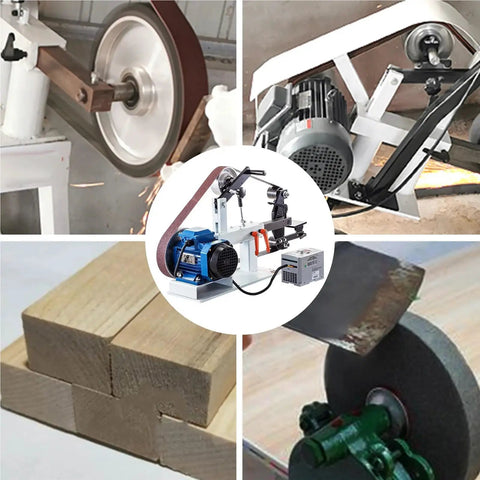 Heavy Duty 1500 Watt Belt Grinder Shop Beast With Two Eighty Two Inch Sanding Belts, showcasing multiple angles for polishing and knife making.