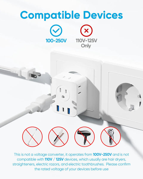 7-In-1 Foldable European Travel Plug Adapter With 4 AC Outlets 2 USB-A Ports And USB-C Fast Charge in wall socket